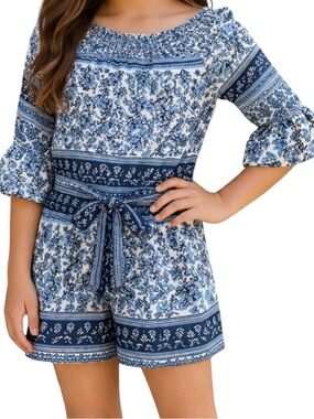 Star Ride Blue Floral Romper Girls L 10/12 Smocked Boho Tie Waist NWOT